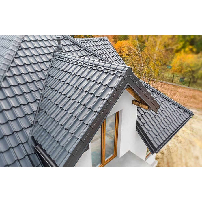 Металлочерепица Grand Line Kvinta plus (Квинта Плюс) 0,45 Drap RAL 7024 Мокрый асфальт | c 3D резом фото 4