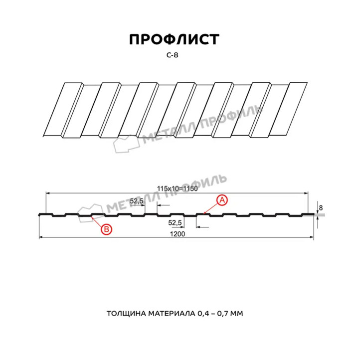 Профлист Металл Профиль С-8 0.28 и менее Цинк Бесцветный | A фото 2