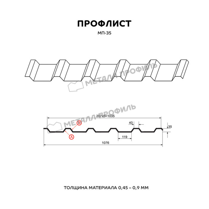 Профлист Металл Профиль МП-35 0,7 Полиэстер RAL 3020 Красный насыщенный фото 2