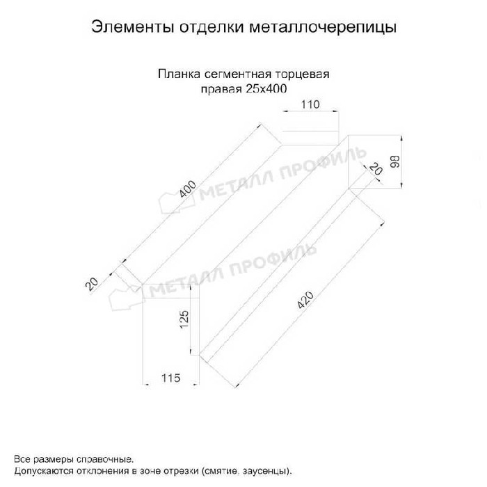 Планка сегментная торцевая правая 400 мм (PURETAN-20-RR32-0.5) фото 2